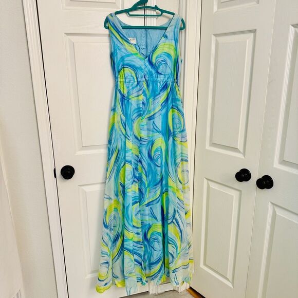 2/$150 Vintage 1960s Lord & Taylor Blue and Green Swirl Maxi Dress EUC - Picture 2 of 9